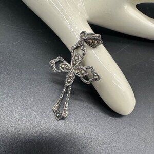 Vintage Marcasite Sterling Silver Cross Pendant Charm 925 Crucifix Religious